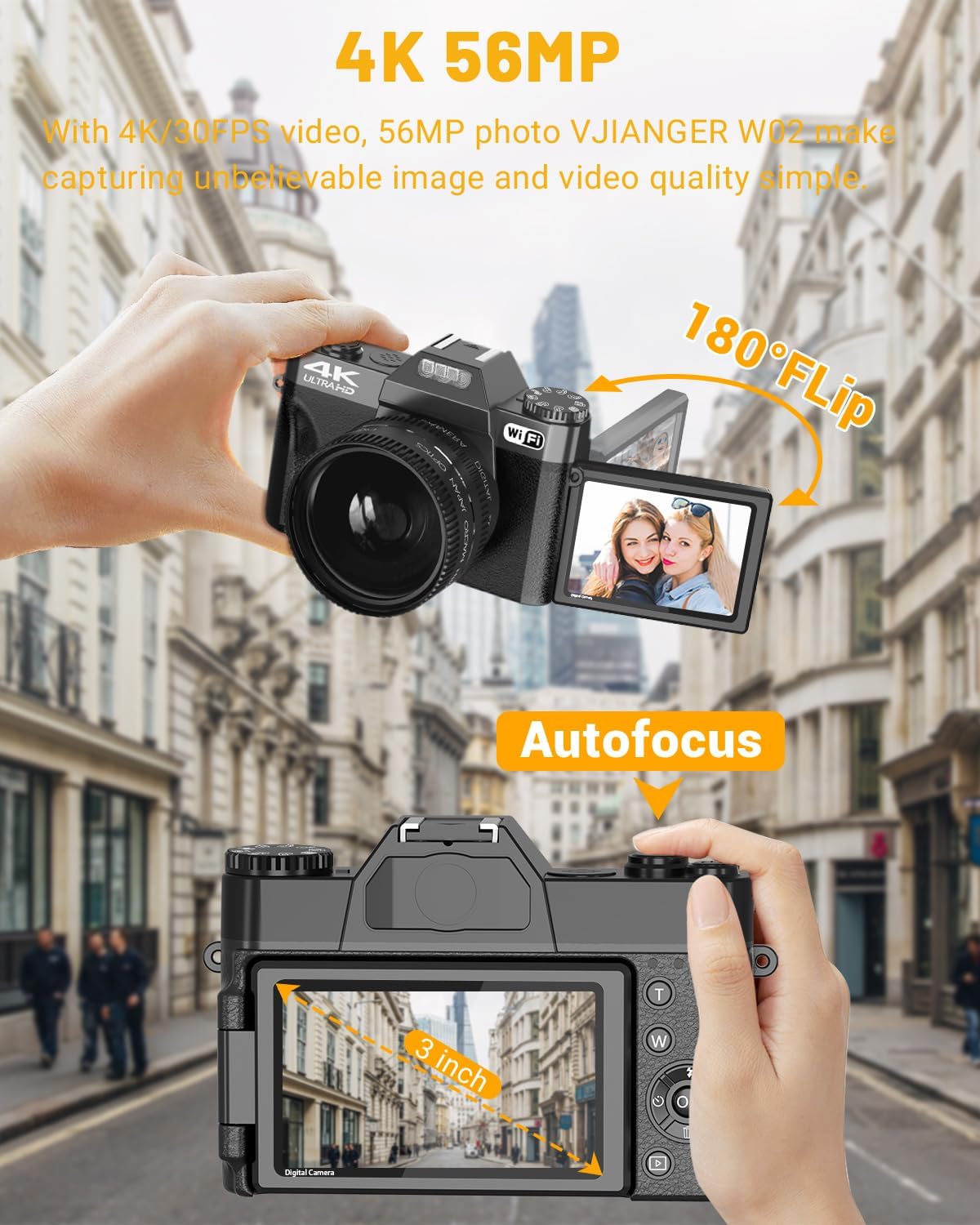 2024 Upgrade VJIANGER Digital Camera for Photography 4K 56MP Vlogging Camera for YouTube with WiFi, 180° Flip Screen, 16X Digital Zoom, 52mm Lens, 2 Batteries, 32GB Micro SD Card(Black) - Image 3